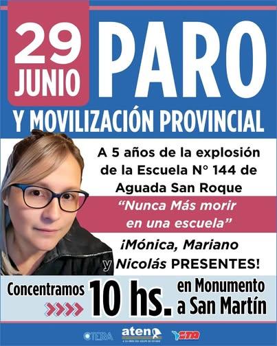 A cinco años de Aguada San Roque, ATEN hará paro y movilización provincial el lunes por justicia y seguridad escolar