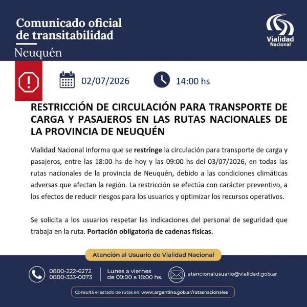 Restringen la circulación de camiones y colectivos en todas las rutas nacionales de Neuquén